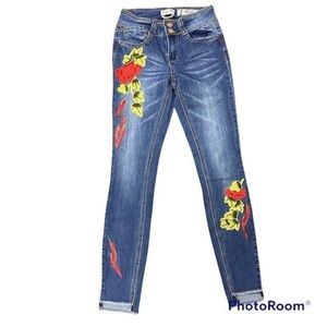 Red Rose and Chili Pepper Embroided Midrise Skinny Denim Jeans